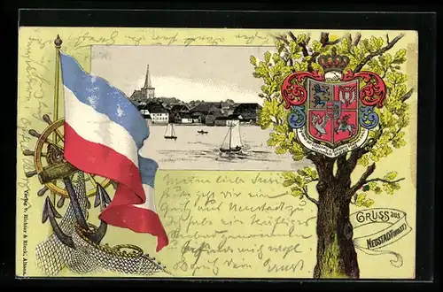 Passepartout-Lithographie Neustadt /Holst., Uferpartie mit Segelbooten, Wappen