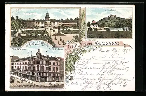 Lithographie Karlsruhe, Geschäftshaus Friedrich Blos F. Wolff & Sohn`s Detail Kaiserstrasse 104 Ecke Herrenstrasse