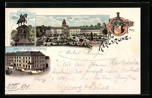Lithographie Karlsruhe, Gasthaus zum goldenen Karpfen, Schloss, Kaiser Wilhelm I.-Denkmal