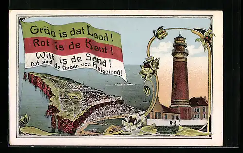 Künstler-AK Helgoland, Gesamtansicht, Fahne, Leuchtturm