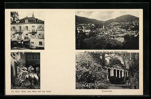 AK Baden-Baden, Hotel und Kegelbahn zum Baldreit, Trinkhalle, Blick von Schloss Solms auf den Ort