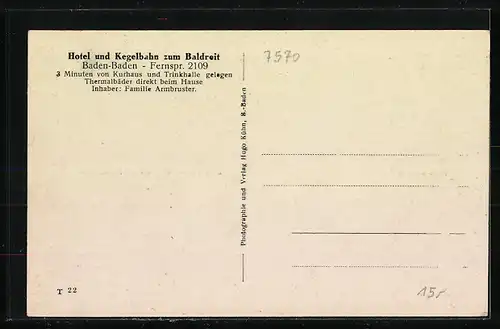 AK Baden-Baden, Hotel und Kegelbahn zum Baldreit, Trinkhalle, Blick von Schloss Solms auf den Ort