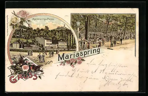 Lithographie Bovenden, Gasthaus Mariaspring m. Plesse und Anlagen