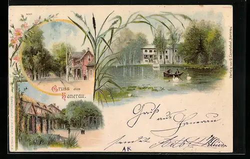 Lithographie Hanerau, Ortspartie, Strassenpartie, Haus am See