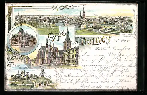 Lithographie Dülken, Rathaus, Kirche mit Kaiser-Wilhlem-Denkmal, Alt-Dülken mit Windmühle