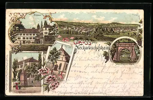 Lithographie Neckarbischofsheim, Schloss, Kirche, Kriegerdenkmal