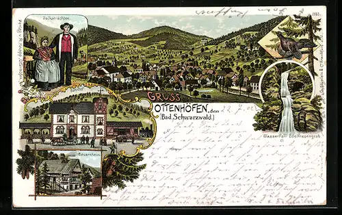 Lithographie Ottenhöfen, Bahnhof, Bauernhaus, Wasserfall Edelfrauengrab