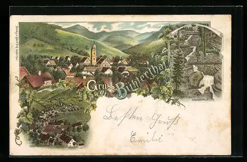 Lithographie Bühlertal, Ortsansicht Ober-Bühlertal, Gertelbach-Wasserfälle