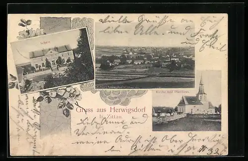 AK Herwigsdorf, Kirche und Pfarrhaus, Schule, Ortsansicht