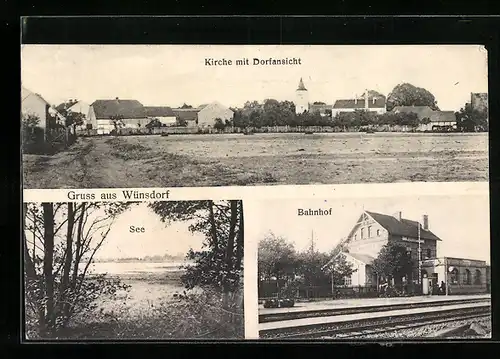 AK Wünsdorf, Kirche mit Dorfansicht, Bahnhof, See