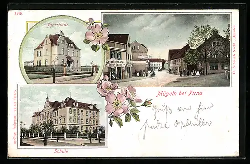 AK Mügeln, Ortspartie mit Geschäft Gustav Thieme, Schule, Pfarrhaus