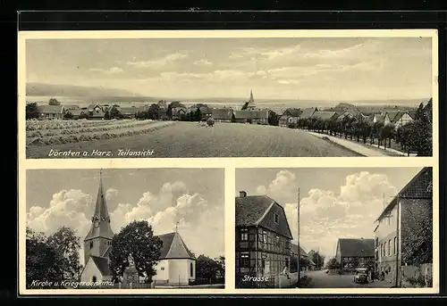 AK Dörnten a. Harz, Strassenpartie, Kirche und Kriegerdenkmal, Panorama