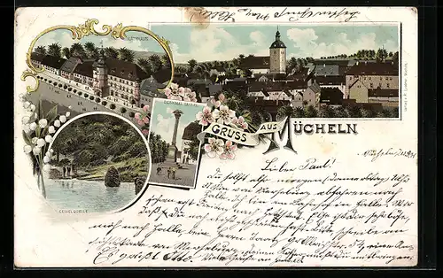 Lithographie Mücheln, Rathaus, Geiselquelle, Denkmal