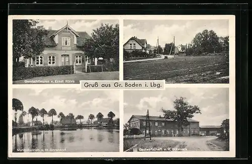 AK Gr. Boden i Lbg., Gemischtwarenladen Ernst Röhrs, Mühlenbetrieb H. Dorendorf, Gasthaus Bohnsack