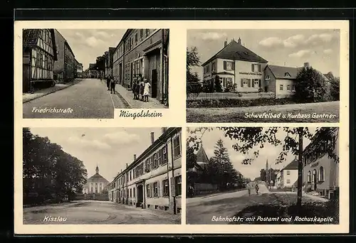AK Mingolsheim, Schwefelbad und Kurhaus Gantner, Bahnhofstrasse mit Postamt und Rochuskapelle, Kisslau