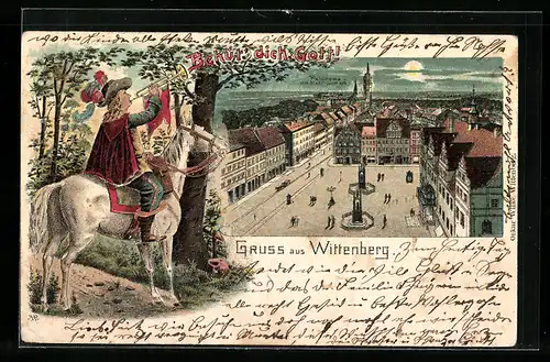 Lithographie Wittenberg, Panorama vom Stadtturm aus, Behüt` dich Gott!