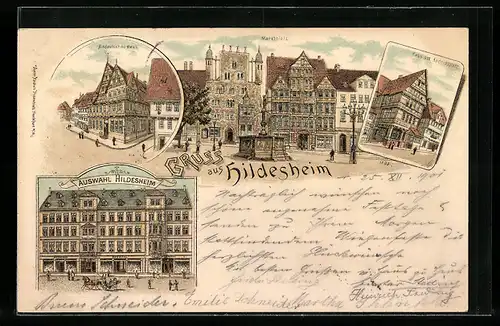 Lithographie Hildesheim, Partie am Marktplatz, Haus am Andreas-Platz, Altdeutsches Haus