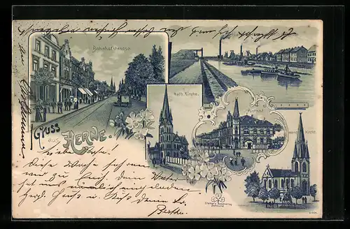 Lithographie Herne, Postamt, Bahnhofstrasse, Evang. Kirche