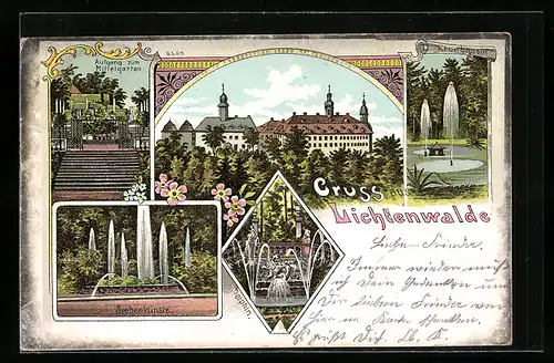 Lithographie Lichtenwalde, Siebenkünste, Delphin-Brunnen, Kronbassin, Schloss
