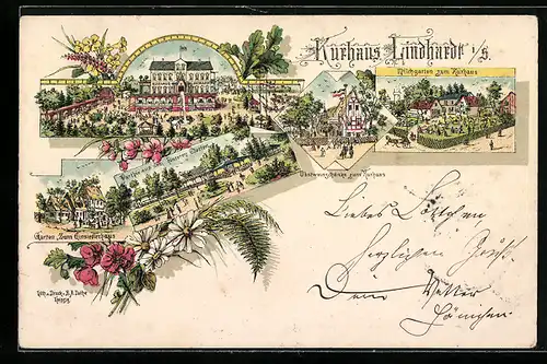 Lithographie Naunhof, Hotel Kurhaus Lindhardt, Obstweinschänke, Milchgarten