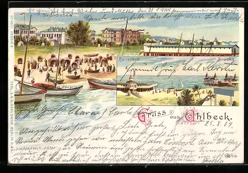 Lithographie Ahlbeck, Strandleben und Herrenbad mit Brücke