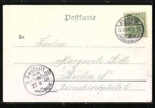 Lithographie Ahlbeck, Strandleben und Herrenbad mit Brücke