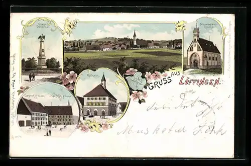 Lithographie Löffingen, Kriegerdenkmal, Gasthof zum Löwen, Rathaus, Schneekreuzkirche