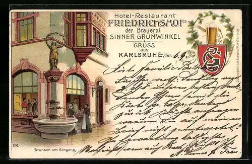 Lithographie Karlsruhe, Hotel-Restaurant Friedrichshof mit Brunnen