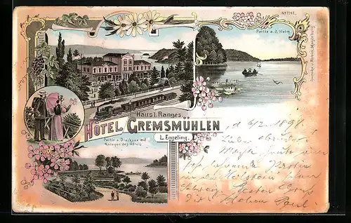 Lithographie Gremsmühlen, Hotel Gremsmühlen mit Eisenbahnzug, Partien Holm und Diecksee