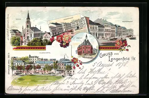 Lithographie Lengenfeld i. V., Kirche, Villenviertel, Marktplatz, Hauptstrasse
