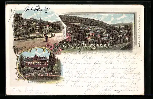 Lithographie Kipsdorf, Hotel Tellkoppe und Ortsansicht