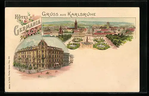 Lithographie Karlsruhe, Panorama & Strassenleben am Hotel Germania