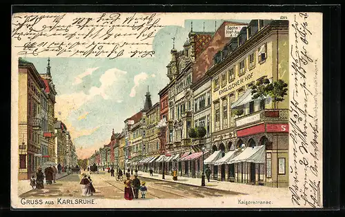 Lithographie Karlsruhe, Kaiserstrasse mit Englischer Hof