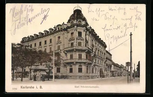 AK Karlsruhe i. B., Karl Friedrichstrassse mit Kiosk