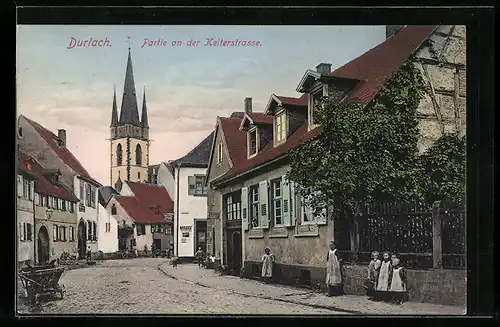 AK Durlach, Partie an der Kelterstrasse mit Lebensmittelgeschäft