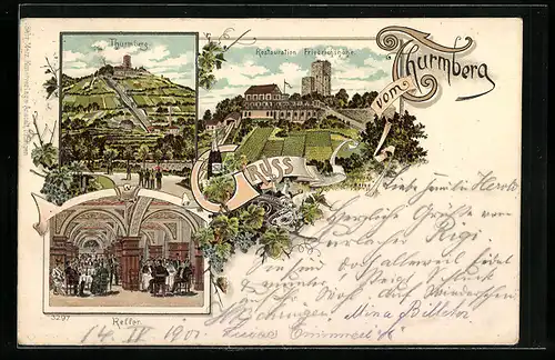 Lithographie Durlach, Thurmnerg, Restauration Friedrichshöhe, Keller