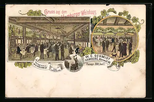 Lithographie Hamburg, Gasthaus Hamburger Weinhaus, Alterwall 44, Innenansichten Weinstube und Frühstücksraum