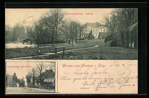 AK Gudow i. Lbg., Gesamtansicht Schloss, Landstrasse mit Kirche