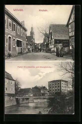AK Willstätt, Kirchstrasse mit Passanten und Partie an der Kunstmühle mit Kinzigbrücke