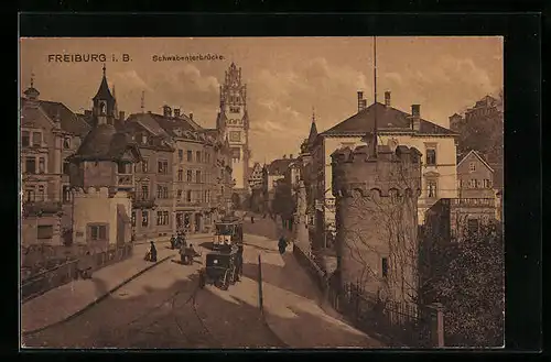 AK Freiburg i. B., Schwabentorbrücke, Strassenbahn