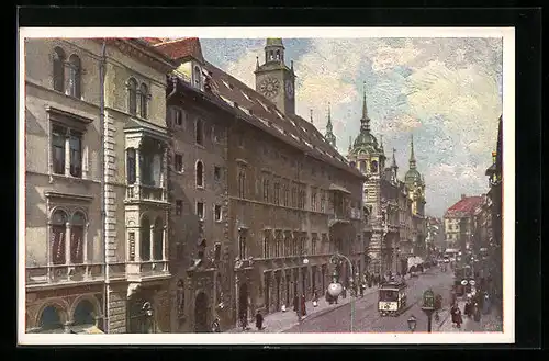 AK Graz, Landhaus und Strasse Herrengasse mit Strassenbahn