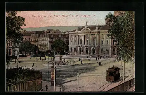 AK Genève, La Place et le Theatre, Strassenbahn