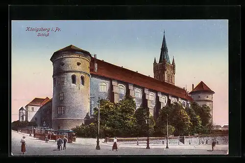 AK Königsberg i. Pr., Schloss mit Strassenbahn