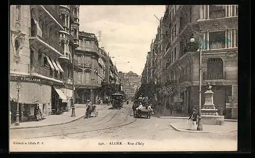 AK Alger, Rue d`Isly, Strassenbahn