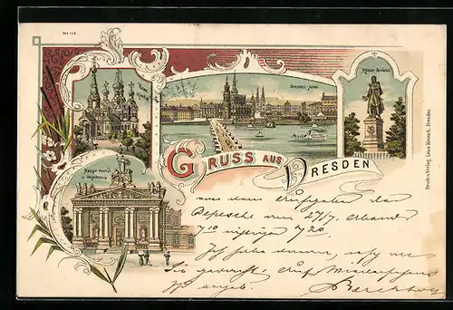 Lithographie Dresden, Russische Kirche, Haupt-Portal der Akademie, Körner-Denkmal