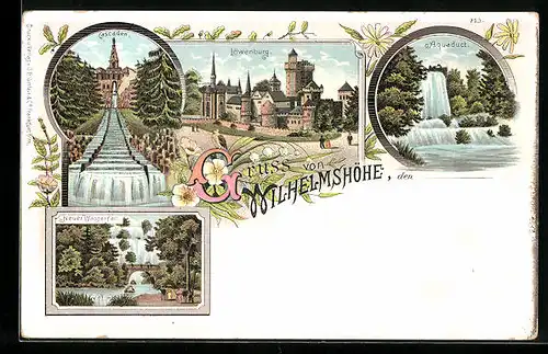 Lithographie Wilhelmshöhe, Aquaduct, Cascaden, Neuer Wasserfall, Löwenburg