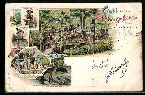 Lithographie Wiesbaden, Gruss aus der Leichtweisshöhle, Räuberhauptmann