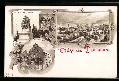 Lithographie Dortmund, Kaiser Wilhelm I., Altes Rathaus, Panorama