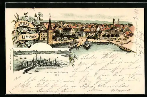 Lithographie Lindau, Dampfer im Hafen