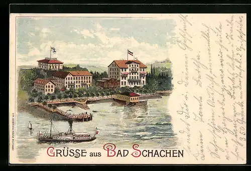 Lithographie Bad Schachen bei Lindau, Ortsansicht mit Hotels, Bodenseedampfer